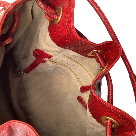 VTG BRAHMIN Dana Drawstring Shoulder Bag Melbourne Croc Embossed Red Leather Lrg - Picture 5 of 8